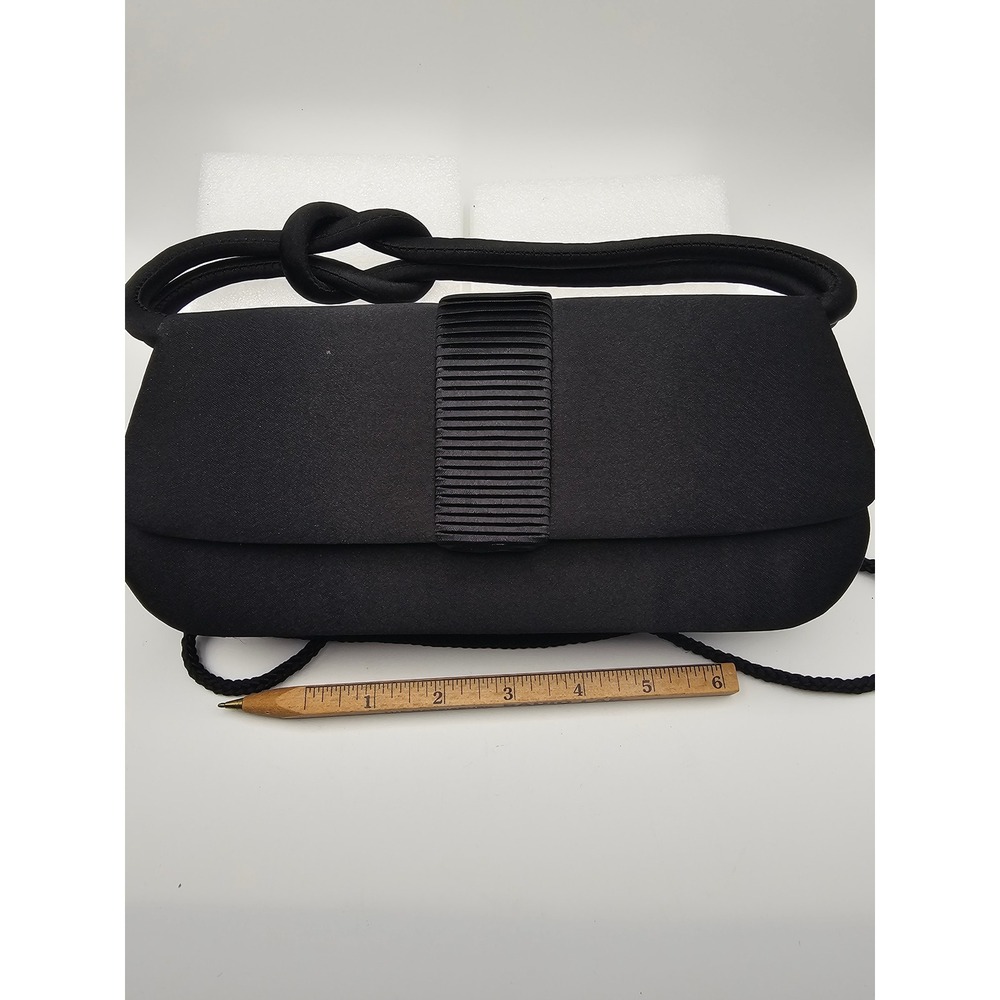 Jessica McClintock Black Satin Evening Clutch Bag Knotted Handle Pleated Detail